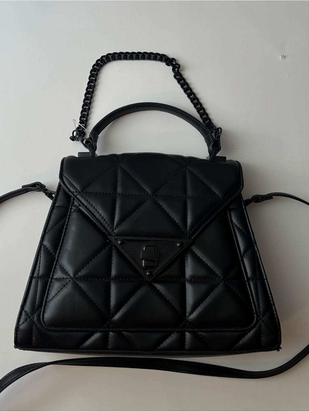 Structured Black Quilted Satchel with Chain Handle